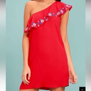 ✨✨NWT Lulu’s Alpinia Coral Red Embroidered One-Shoulder Dress XS